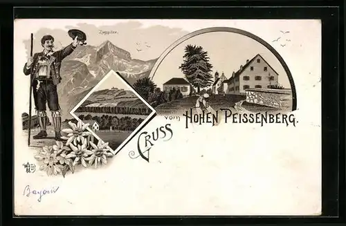 Lithographie Hohen Peissenberg, Strassenpartie mit Kirche, Blick zur Zugspitze