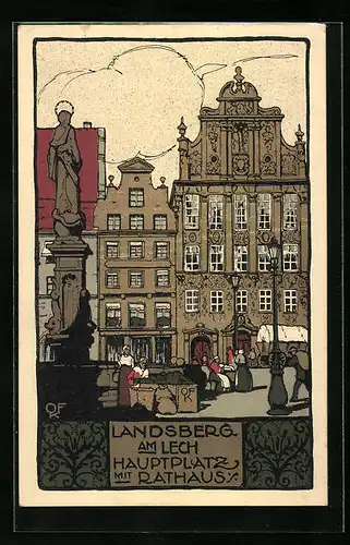 Steindruck-AK Landsberg a. Lech, Hauptplatz mit Rathaus