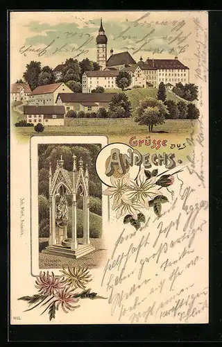 Lithographie Andechs, St. Elisabeth Brünnlein, Ortspartie mit Kirche