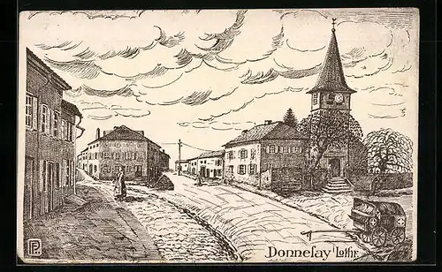 Künstler-AK Donnelay i. Lothr., Krankenwaagen auf Dorfsstrasse