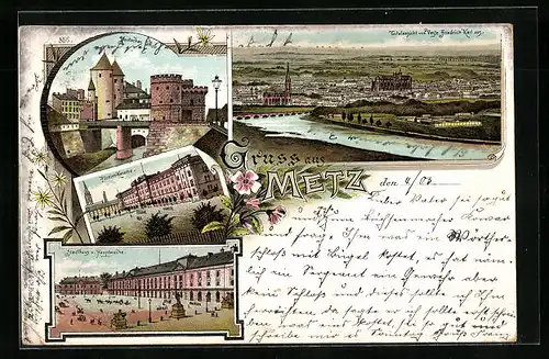 Lithographie Metz, Pionier-Kaserne, Stadthaus und Hauptwache, Deutsches Thor