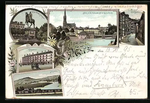Lithographie Metz, Kriegsschule, Kaiser Wilhelm-Denkmal, Gerbergraben