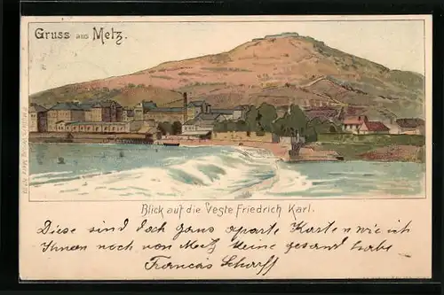 Lithographie Metz, Blick auf die Veste Friedrich Karl