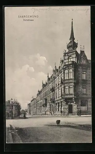 AK Saargemünd, Rothstrasse mit Litfasssäule