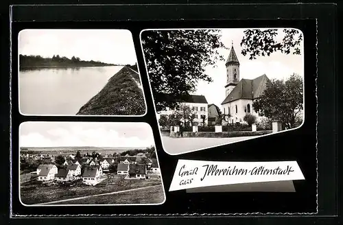 AK Illereichen-Altenstadt, Flussbank, Wohnhäuser, Kirche