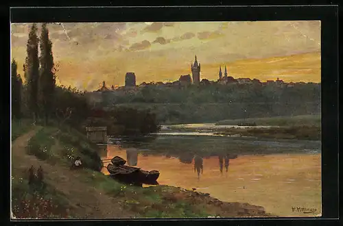 Künstler-AK Wimpfen, Ortschaft in Abendröte, Panorama