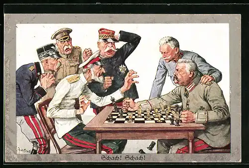 Künstler-AK Theo Zasche: Hindenburg beim Schachspiel gegen die Feinde