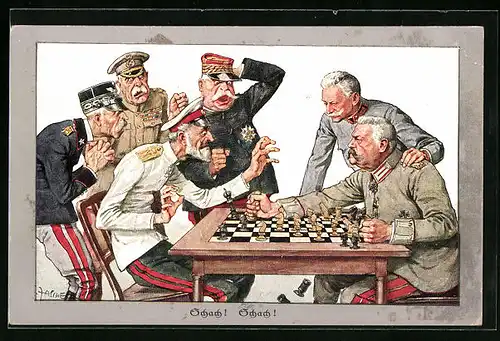 Künstler-AK Theo Zasche: Hindenburg beim Schachspiel gegen die Feinde