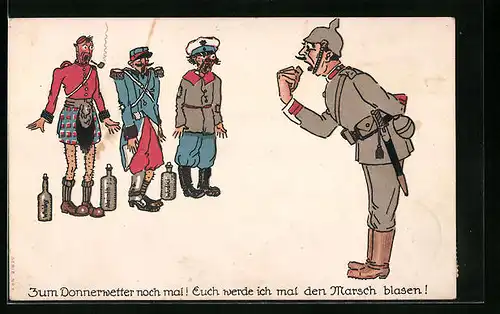 Künstler-AK Deutscher Soldat will Feinden den Marsch blasen