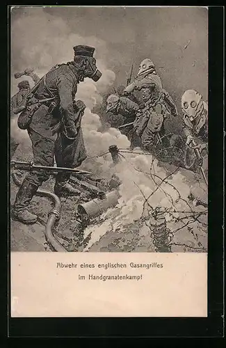 AK Abwehr eines englischen Gasangriffes im Handgranatenkampf, Soldaten mit Gasmasken