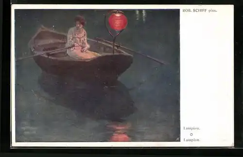 Künstler-AK Robert Schiff: Dame mit Lampion im Ruderboot sitzend