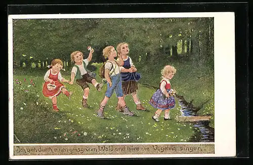 Künstler-AK Franziska Schenkel: singende Kinder spazieren durch einen grasgrünen Wald