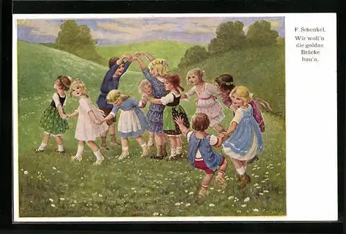 Künstler-AK Franziska Schenkel: Kinder tanzen auf einer Weide