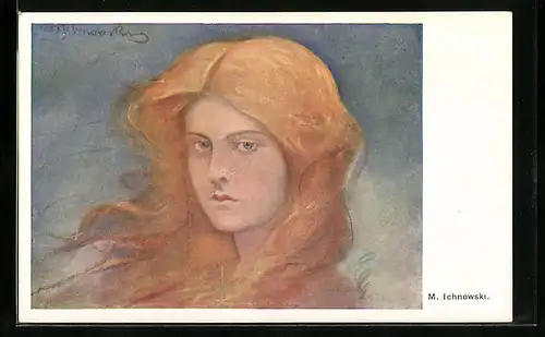 Künstler-AK sign.: M. Ichnowski, Portrait einer jungen Dame mit roten Haaren