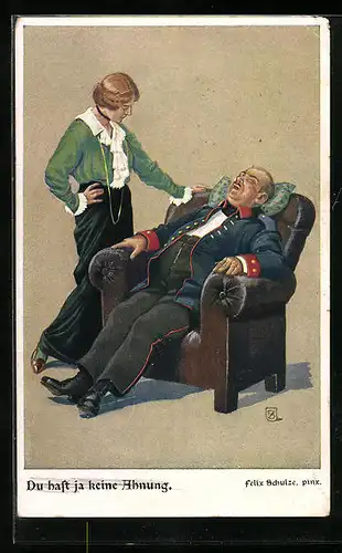 Künstler-AK Felix Schulze: erschöpfter Soldat entspannt sich im Sessel