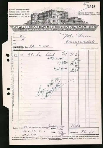 Rechnung Hannover 1940, Hüte und Mützen Fabrik gebr. Meseke, Blick auf das Werksgebäude