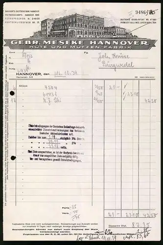 Rechnung Hannover 1939, Hüte und Mützen Fabrik von Gebr. Meseke, Blick auf das Werksgebäude