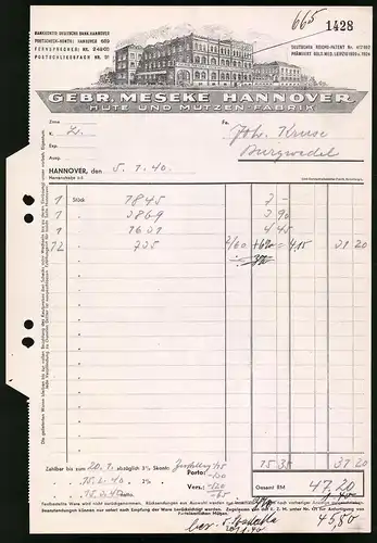 Rechnung Hannover 1940, Hüte und Mützenfabrik Gebr. Meseke, Werksanlagen