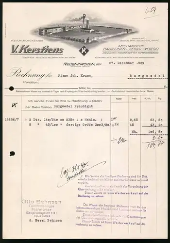 Rechnung Neuenkirchen 1939, Mechanische Halbleinen u. Gebild Weberei V. Kerstiens, Blick auf das Werk