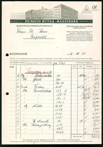 Rechnung Magdeburg 1939, Textilgrosshandlung Heinrich Mittag, Werksgebäude