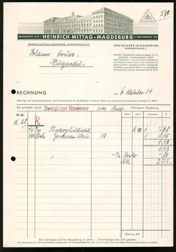 Rechnung Magdeburg 1939, Grosshandel für Textilien, Firma Heinrich Mittag, Werksanlage
