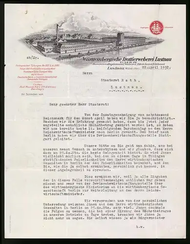 Rechnung Lustnau 1932, Württembergische Frottierweberei Lustnau, Werksansicht