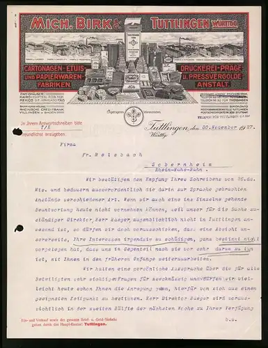 Rechnung Tuttlingen 1927, Cartonagen und Papierwaren Fabrik Mich. Birk AG, Werke und Produktpalette