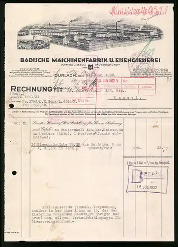 Rechnung Durlach 1932, Badische Maschinenfabrik u. Eisengiesserei, Werk Durlach und Werk Karlsruhe