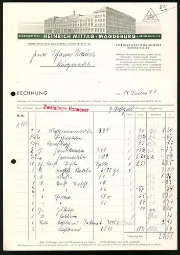 Rechnung Magdeburg 1940, Grosshandlung für Textilien Heinrich Mittag, Fabrikgebäude