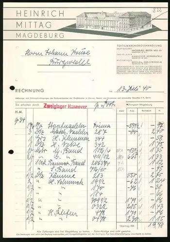 Rechnung Magdeburg 1940, Textilwarengrosshandlung Heinrich Mittag, das Werksgebäude