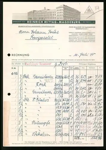 Rechnung Magdeburg 1940, Textilgrosshandlung Heinrich Mittag, Werksanlage