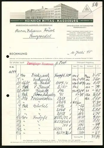 Rechnung Magdeburg 1940, Textilgrosshandlung Heinrich Mittag, Werksansicht