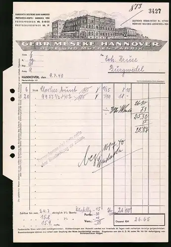 Rechnung Hannover 1940, Fabrik für Hüte und Mützen Gebr. Meseke, Fabrikgebäude