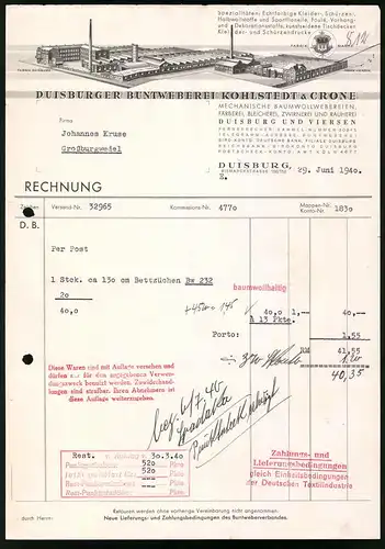 Rechnung Duisburg 1940, Duisburger Buntweberei Kohlstedt & Crone, Baumwollweberei, Werksanalge