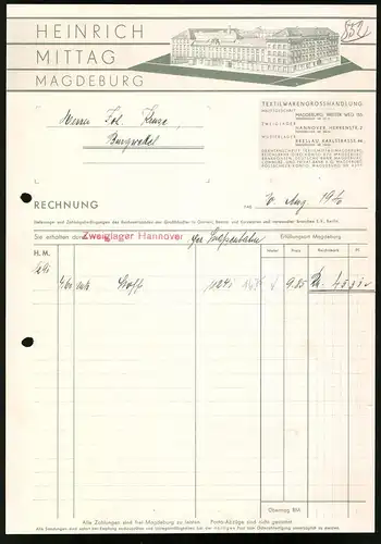 Rechnung Magdeburg 1940, Textilwarengrosshandlung Heinrich Mittag, Werksgebäude