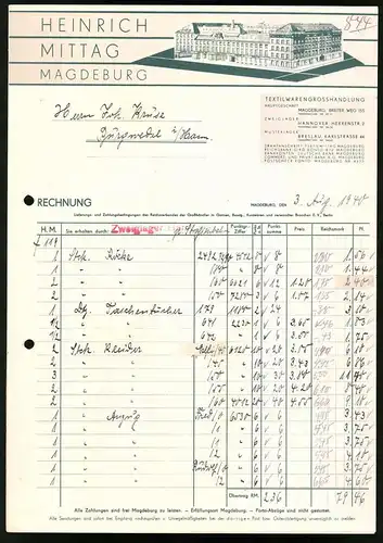 Rechnung Magdeburg 1940, Textilwarengrosshandlung Heinrich Mittag, Blicka uf das Werksgebäude