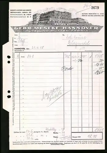 Rechnung Hannover 1940, Hüte und Mützenfabrik Gebr. Meseke, Fabrikgebäude
