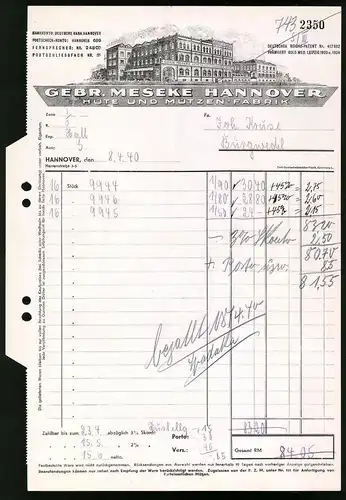 Rechnung Hannover 1940, Mützen und Hut Fabrik Gebr. Meseke, Firmengebäude