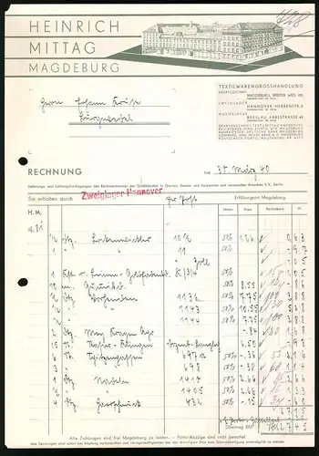 Rechnung Magdeburg 1940, Textilwarengrosshandlung Heinrich Mittag, Blick auf das Werk