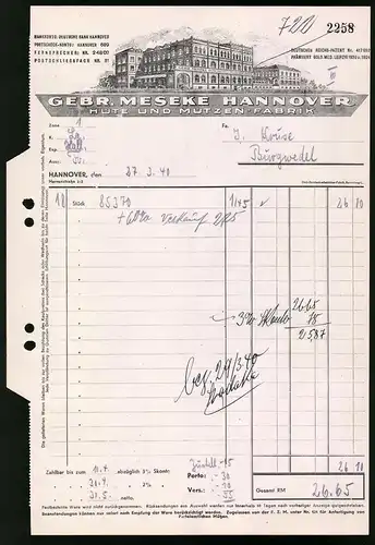 Rechnung Hannover 1940, Hut und Mützenfabrik Gebr. Meseke, Werksansicht