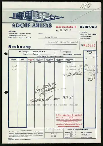 Rechnung Herford 1940, Wäschefabrik Adolf Ahlers, Werksansicht