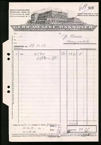 Rechnung Hannover 1909, Hüte und Mützenfabrik Gebr. Meseke, Werksansicht