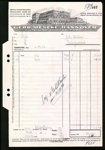 Rechnung Hannover 1939, Hüte und Mützenfabrik Gebr. Meseke, Blick auf das Werk