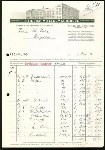 Rechnung Magdeburg 1939, Textilwarengrosshandlung Heinrich Mittag, Werksgebäude