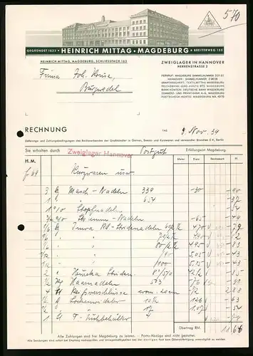 Rechnung Magdeburg 1939, Textilwarengrosshandlung von Heinrich Mittag, Blick auf das Werk