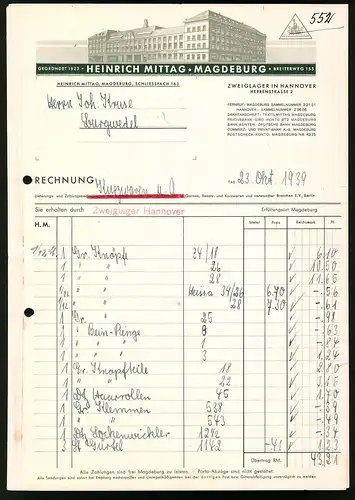 Rechnung Magdeburg 1939, Textilwarengrosshanldung Heinrich Mittag, Werksgebäude