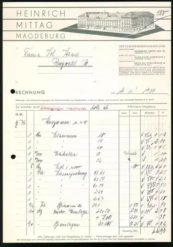Rechnung Magdeburg, Grosshandlung für Textil Waren Heinrich Mittag, Werksgebäude