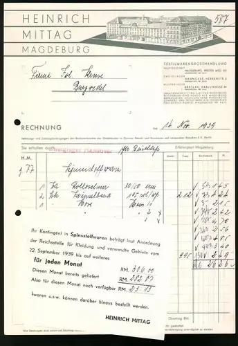 Rechnung Magdeburg 1939, Textilwarengrosshandlung Heinrich Mittag, Werksgebäude