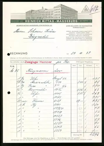 Rechnung Magdeburg 1939, Heinrich Mittag Textilwarengrosshandlung, Werks und Verkaugsgebäude