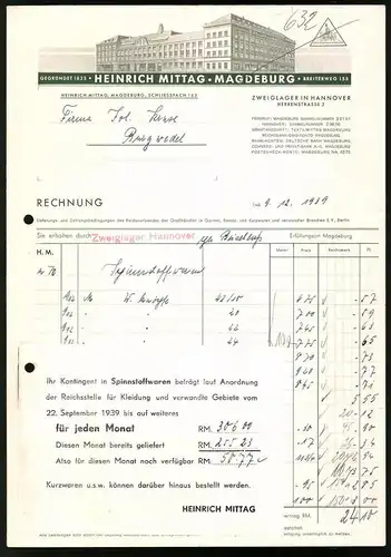 Rechnung Magdeburg 1939, Werk und Verkaufshaus des Textilwarengrosshandel Heinrich Mittag